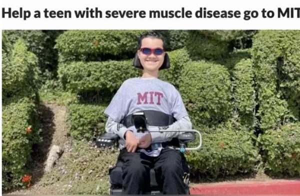 华裔渐冻人少年楼印根被麻省理工学院（MIT）录取。（楼印根社交媒体截图）

